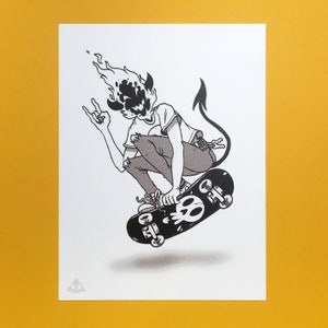 Skater Demon - Black and White Comic Style Illustration - Fine Art Print on Paper