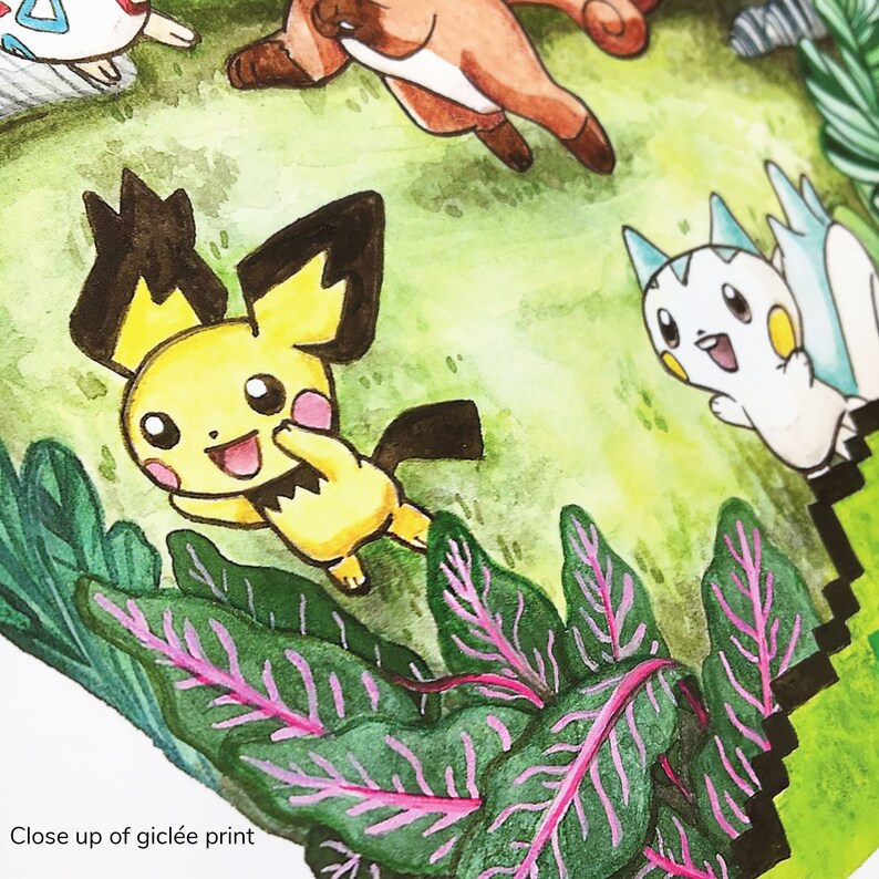 Puede incluir: Una pintura de acuarela de un Pikachu amarillo con orejas negras y cola, rodeado de follaje verde y hojas con vetas rosadas.