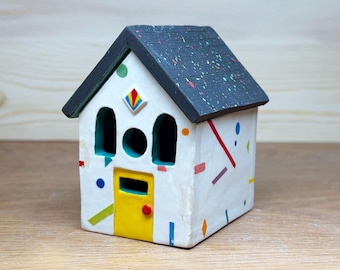 Black Speckled Roof House Shaped Trinket Box · Hand Built Stoneware Clay Sculpture - Miniature Art