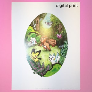 Puede incluir: Impresi&oacute;n digital de una ilustraci&oacute;n de acuarela con un grupo de personajes de Pok&eacute;mon en un entorno de bosque. Los personajes incluyen Vulpix, Eevee, Pichu y Clefairy. El fondo es un bosque verde con una mariposa volando en el aire. El texto "Lost in the Forest" est&aacute; escrito en la parte inferior de la impresi&oacute;n.