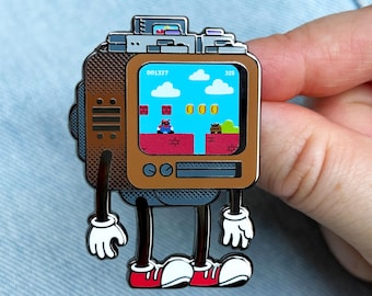 TV Buddy Video Game Enamel Pin · Jumping Plumber · Retro Console · Shiny Flair Lapel Pin