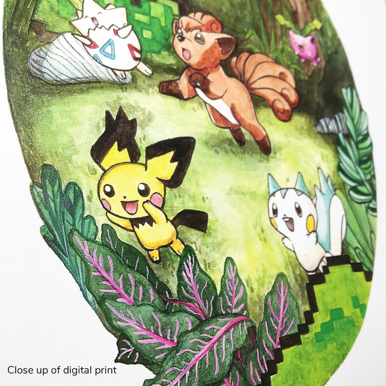Puede incluir: Pintura acuarela de varios personajes de Pok&eacute;mon en un entorno de bosque verde y marr&oacute;n. Los personajes incluyen Pikachu, Eevee, Vaporeon y un Pok&eacute;mon parecido a un zorro marr&oacute;n. La pintura est&aacute; realizada en un estilo caprichoso con colores brillantes y una est&eacute;tica de dibujos animados.