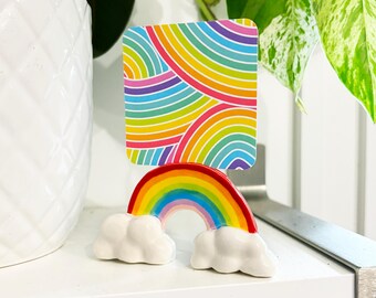 B-Grade - Rainbow Picture Holders/Desk Tchotchke - Ceramic Piece - Hand Built Stoneware Clay Sculpture - Miniature Art