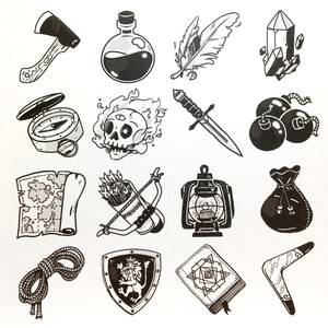 May include: A set of 15 black and white illustrations of various fantasy and adventure items, including a compass, a potion bottle, a feather, a crystal, a skull, a dagger, a lantern, a map, a quiver of arrows, a bag, a shield, a book, a boomerang, and a rope.