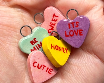Candy Hearts/Conversation Hearts Valentines Charm · Handmade Ceramic Necklace/Bracelet · Stoneware Clay