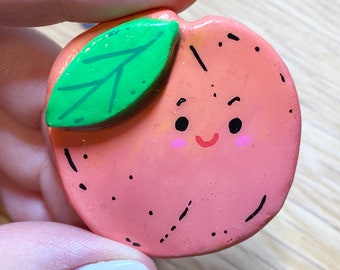 Peach Friend- Handmade Clay Pin Buddies - Painted & UV Resin-Coated Polymer Clay Brooch Pins - Colourful Flair