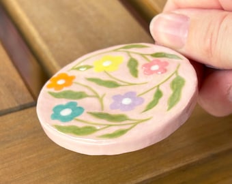 Round Floral Pattern on Pink · Ceramic Piece · Handmade Stoneware Clay Wall Art Decoration