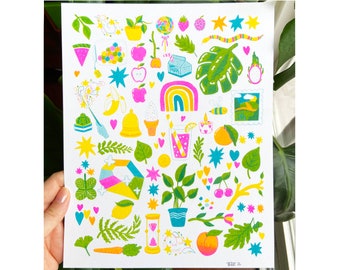 Flat Lay 8x10 "Rainbow Things"  Risograph Art Print on Paper - Plants, Rainbows, Magic