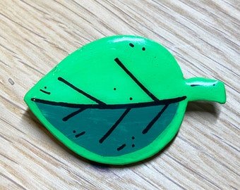 Green Leaf -  Handmade Clay Pin Buddies - Painted & UV Resin-Coated Polymer Clay Brooch Pins - Colourful Flair