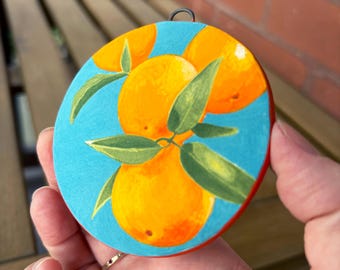 Mandarin Orange Round Ceramic Piece · Handmade Stoneware Clay Wall Art Decoration