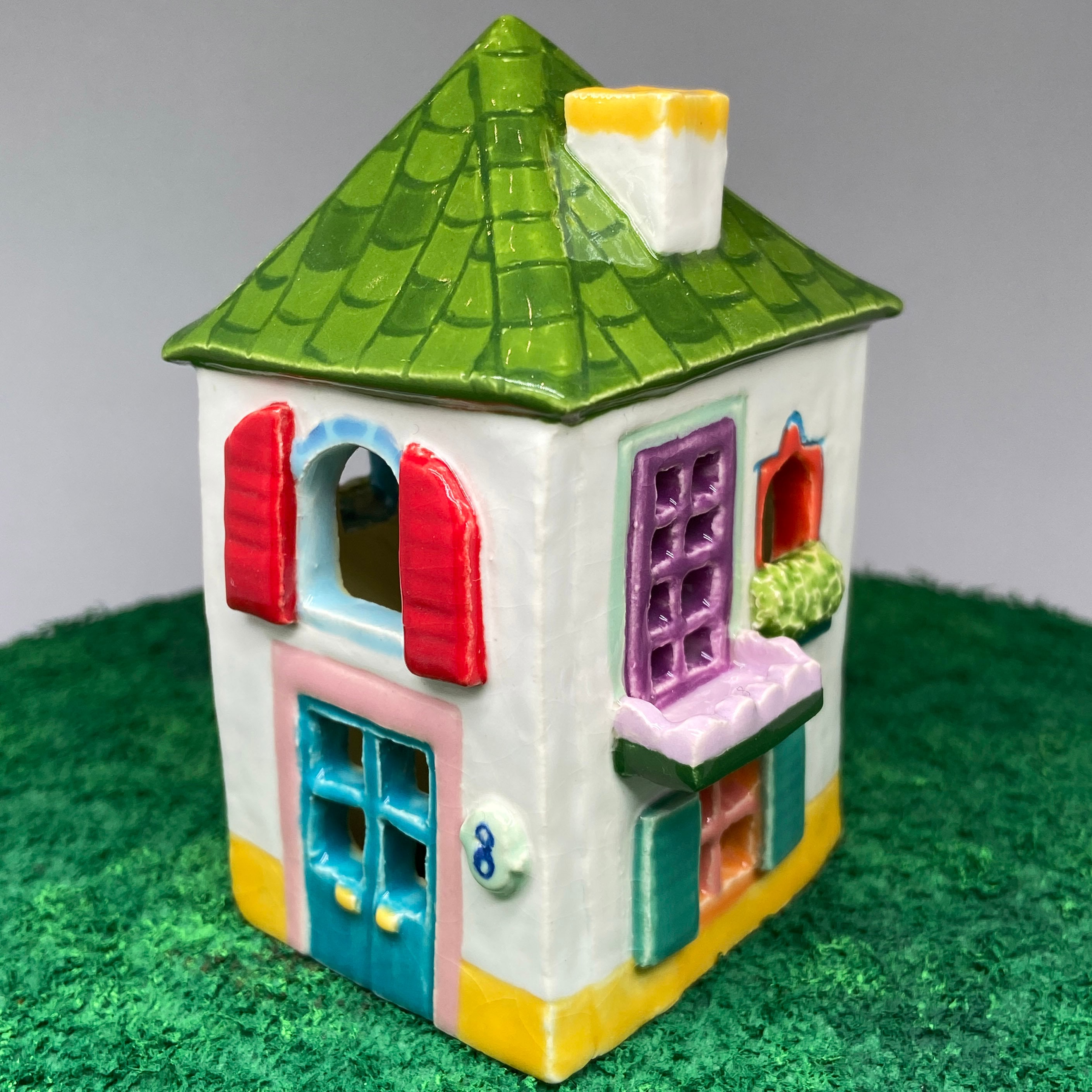 Tall Spanish Style Multicolored Villa - Ceramic House- Incense Holder - Hand Built Stoneware Clay Sculpture - Miniature Art