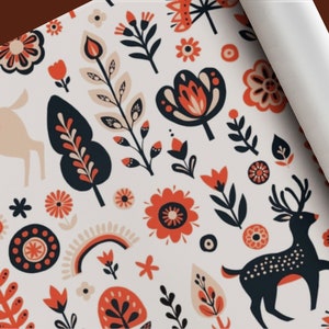 Wrapping Paper: Scandinavian Folk Art in Cream | Whimsical Deer and Flower Gift Wrap for Birthdays, Kid's Parties, Baby Showers and Holidays