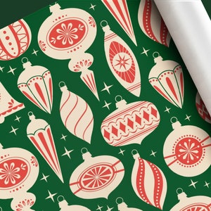 Christmas Wrapping Paper: Vintage Ornaments in Red & Green | Gift Wrap for Xmas and Winter Holiday Parties | 2 Sizes Available | Made in USA