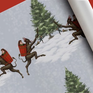 Krampus Chasing Kids Christmas Wrapping Paper | Available in 2 Sizes | Unique, Funny Gift Wrap with Vintage Illustrations | Made in the USA