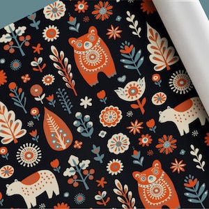 Wrapping Paper: Scandinavian Bears and Flowers Folk Art | Unique Gift Wrap for Birthdays, Baby Showers and Kid's Parties | Made in the USA