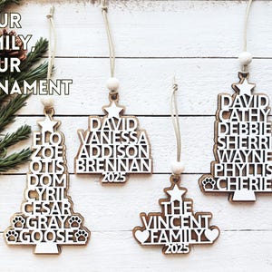Personalized Family Christmas Ornament: Custom Wood Tree with Names Pets also available