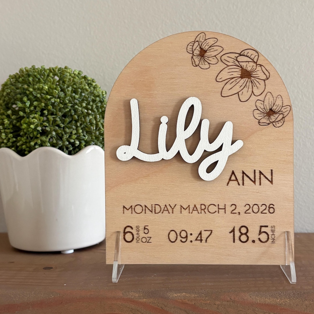 Personalized Wood Birth Stats Sign Floral Arch Baby Name Sign Hospital ...