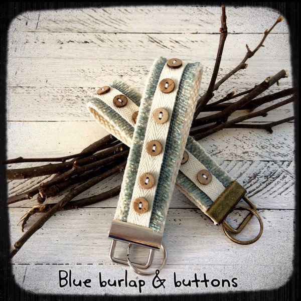 Blue burlap and buttons keychain - wristlet - shabby chic