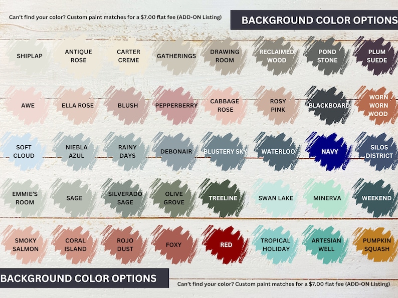 Peut inclure: Un nuancier de 24 &eacute;chantillons de peinture avec des noms comme "Shiplap", "Antique Rose", "Blush", "Pepperberry", "Rainy Days", "Debonair", "Silversado Sage", "Olive Grove", "Smoky Salmon", "Coral Island", "Rojo Dust", "Foxy", "Red", "Tropical Holiday", "Artesian Well", "Pumpkin Squash", "Weekend", "Minerva", "Swan Lake", "Treeline", "Olive Grove", "Debonair", "Rainy Days", "Niebla Azul", "Soft Cloud", "Worn Wood", "Blackboard", "Rosy Pink", "Cabbage Rose", "Pepperberry", "Blush", "Ella Rose", "Awe", "Plum Suede", "Pond Stone", "Reclaimed Wood", "Drawing Room", "Gatherings", "Carter Creme", "Antique Rose", "Shiplap". Le texte "Vous ne trouvez pas votre couleur ? Les &eacute;chantillons de peinture personnalis&eacute;s co&ucirc;tent 7,00 &euro; (frais d'ajout)" appara&icirc;t en haut et en bas du nuancier.