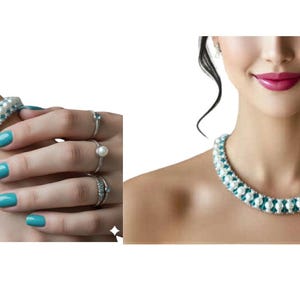 Może przedstawiać: Biało-turkusowy zestaw bransoletki i naszyjnika z koralików. Bransoletka jest na nadgarstku z turkusowym lakierem do paznokci i pierścionkami. Naszyjnik jest wokół szyi osoby. Biżuteria ma powtarzający się wzór białych koralików i turkusowych akcentów.