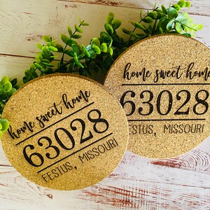 Set of 2 Cork Trivets, Pot Holder, Zip Code, City, State, Kitchen Trivets, Personalized, Housewarming Gift, New House Gift, Christmas Gift