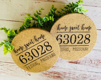 Set of 2 Cork Trivets, Pot Holder, Zip Code, City, State, Kitchen Trivets, Personalized, Housewarming Gift, New House Gift, Christmas Gift