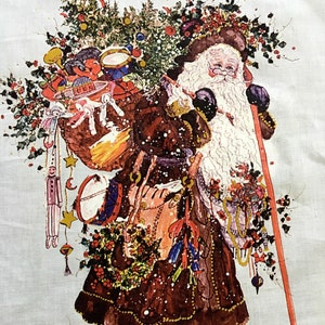 May include: A vintage illustration of Santa Claus carrying a sack full of toys and a walking stick. He is wearing a brown coat, a white beard, and a red hat. The background is a light blue with snowflakes.