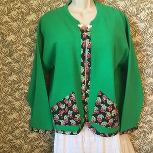 Sweatshirt Cardigan Sweater Green With Cherry Design Trim and Pockets Large image 1