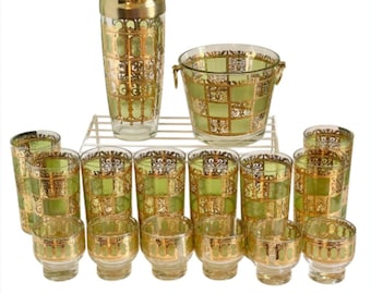 Pristine 16 Piece Vintage Culver Prado Green and 22k Gold Master Barware Set MCM