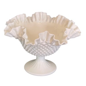 Fenton Pedestal Compote Ruffled Bowl Hobnail Pattern Milk Glass 9.5&quot; x 6.5&quot; Vintage