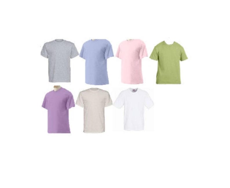 May include: Eight plain t-shirts in different colors: light gray, light blue, light pink, light green, lavender, beige, and white.