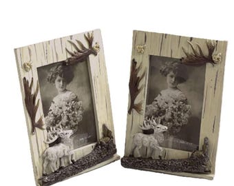 Vintage Photo Frames Rustic Faux Birch Deer Antler 8x6 (4x6 Pic) Cabin Lodge