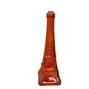 Orange Glass Decanter Eiffel Tower Bottle w/ Cork Liquor Barware Vintage 11&quot;