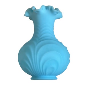 Blue Satin Vase by Fenton Blue Satin Shell Bulbous Drapery Style Crimped Ruffle Edge 8&quot;