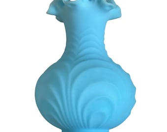 Fenton Vase Blue Satin Shell Bulbous Drapery Style Crimped Ruffle Edge 8"