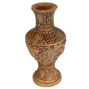 Oriental Vase Hand Carved Chinese Life Scene Resin Vase 6.75&quot; Vintage