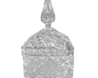 Vintage Cut Crystal Square Candy Dish Trinket Box Spire Lid Cont. Starburst Base