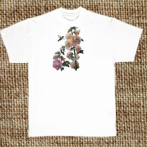 Hummingbird & Hollyhock Flower T Shirt, Floral, (Sweatshirt, Hoodie Available on Request) #791a