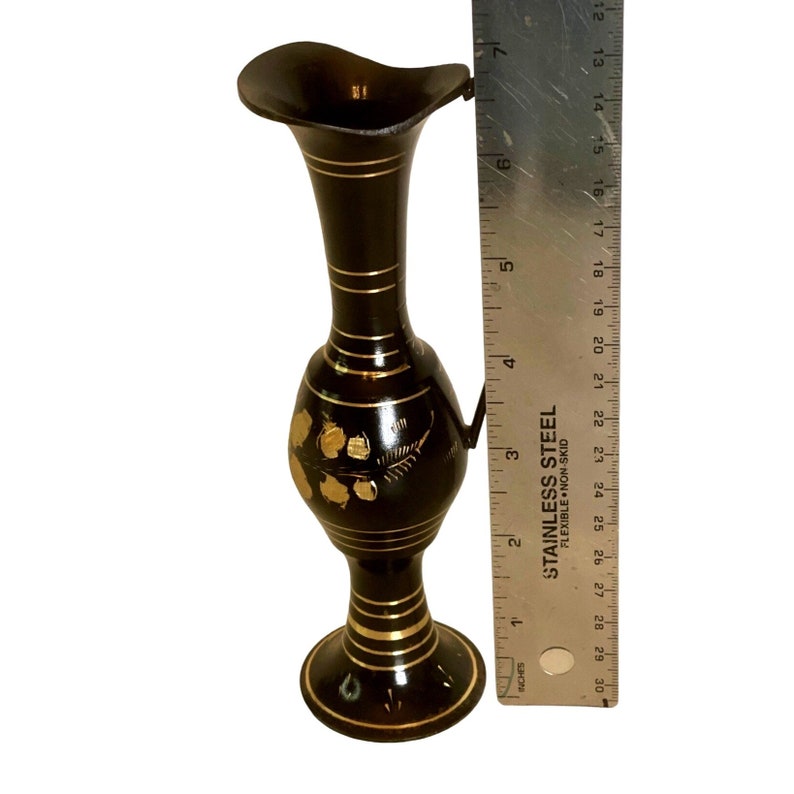 Brass Pitcher Vase Candle Holder Black Enamel Etched Gold Floral Pattern 7 image 4