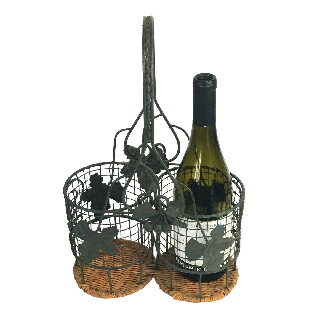 Wine Caddy Carrier Basket Metal Wicker Grape Leaf Rustic Design - Etsy