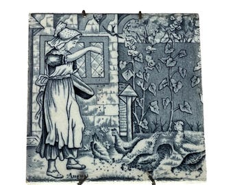 Antique Wedgewood Months August Tile Old English Series Feeding Chickens As Is