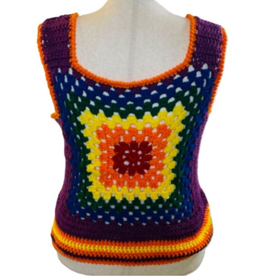 Crochet Granny Square Vest Tank Top Retro 70's Hippie Rib Tickler
