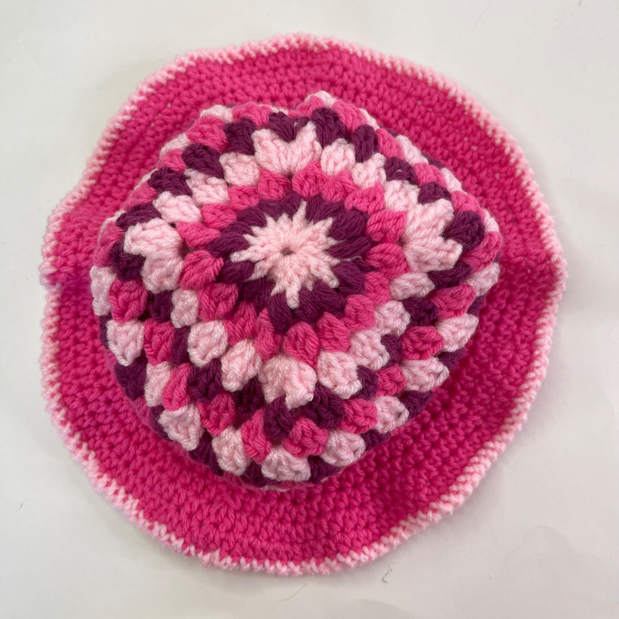 Crochet Bucket Hat Granny Square Pattern Pink and Burgundy 