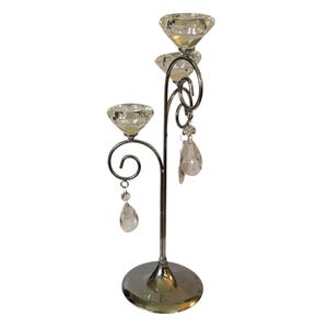 Candelabra Tea Light Candle Holder Glass Teardrops 3 Tier 16&quot;