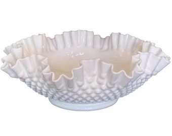 Fenton Bowl Milk Glass Hobnail Crimped Ruffle 11.5" x 4" Vintage Pre 1970's Mark