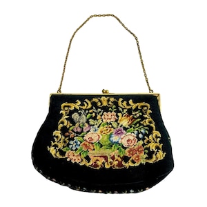 Purse Needlepoint Floral Tapestry Handbag Bag 7.5&quot; x 5.5&quot; Vintage