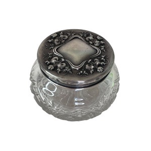 Tarro de cristal tallado para cosméticos, polvos, tarro de tocador con tapa de plata de ley de 3&quot; x 4&quot;