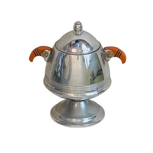 Sucrier chromé avec couvercle et poignées en bois vintage 6 x 5,5 po.