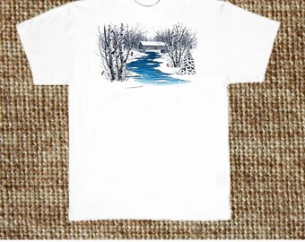 Cardinal Covered Bridge T Shirt, Winter Snow Bird, (Sweatshirt, Hoodie Available On Request) #214e