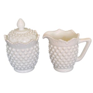 Cream and Sugar Set Fenton Creamer and Lidded Sugar Bowl Vintage Hobnail Sawtooth Milk Glass 3.75" and 6" with Lid